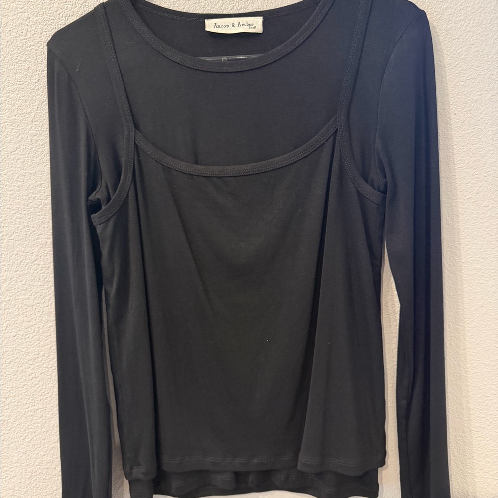 Aarón & Amber Black Layered Crewneck Long Sleeve Tee